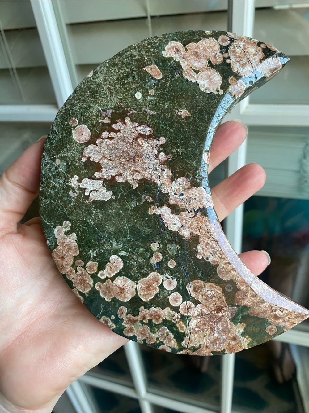 🌙💗 6” Pink Orbicular Ocean Jasper Moon